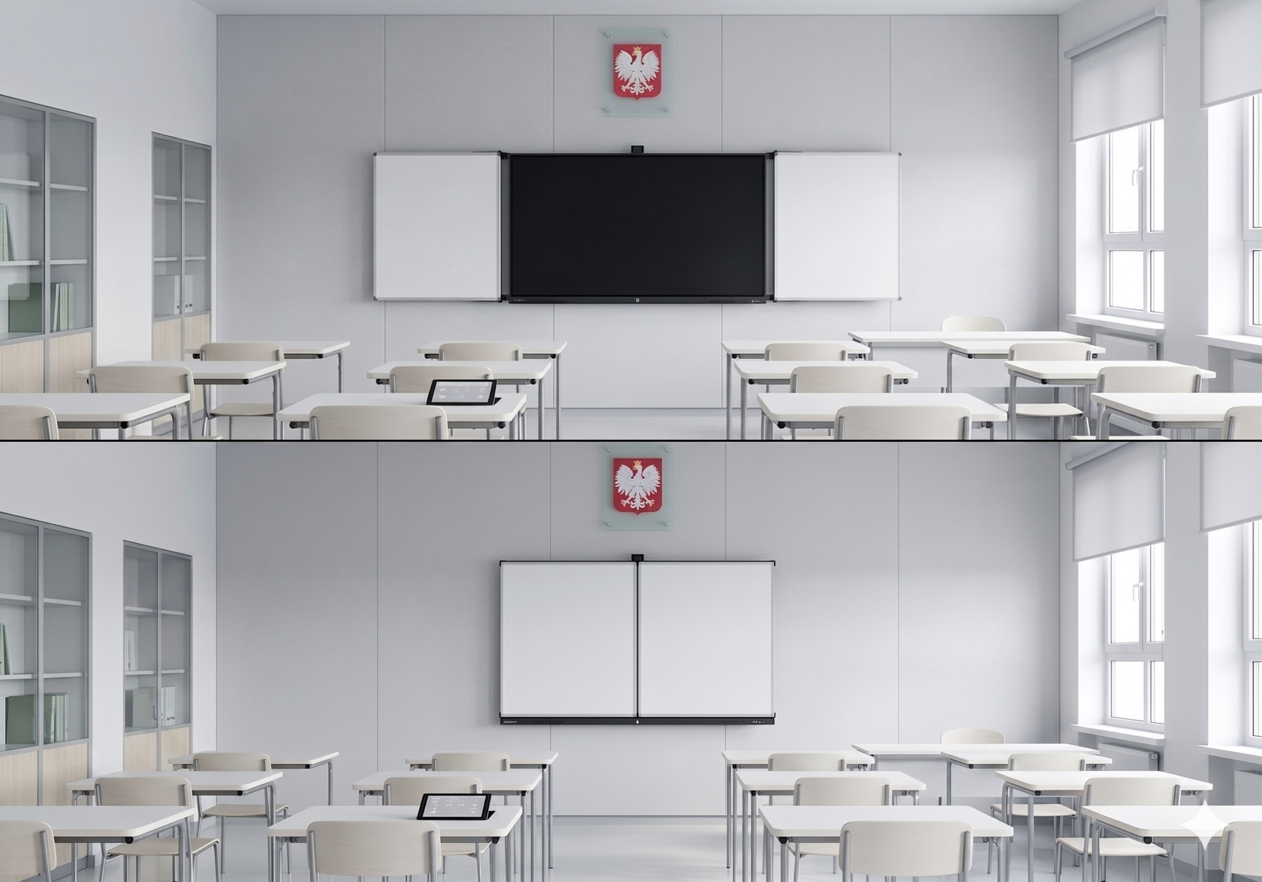 Avtek FrameWings 75 w sali szkolnej - wersja otwarta i zamknięta